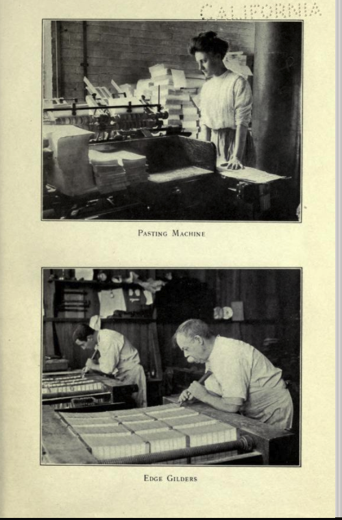 Woman running a [asting machine from van Kleeck's book, below which is a photograph of Edge Gilders, a job apparently done by men.