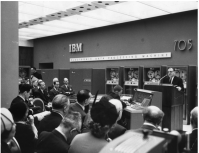 Paul Tasman addresses a conference at IBM on the concordance produced on the IBM 705 for the texts of the dead sea scrolls.