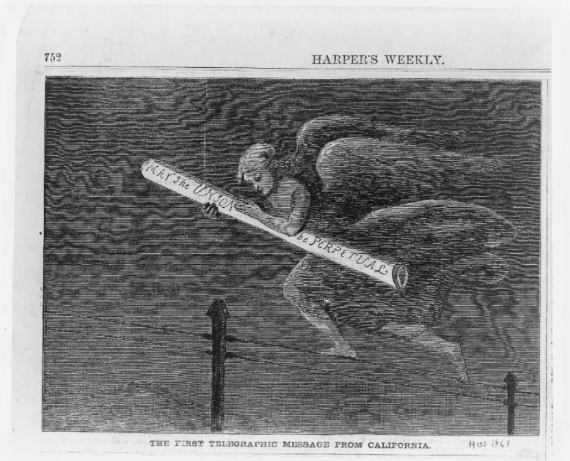 Cartoon from Harper's Weekly, 1861, p. 752 illustrating the first telegraphic message sent from California.