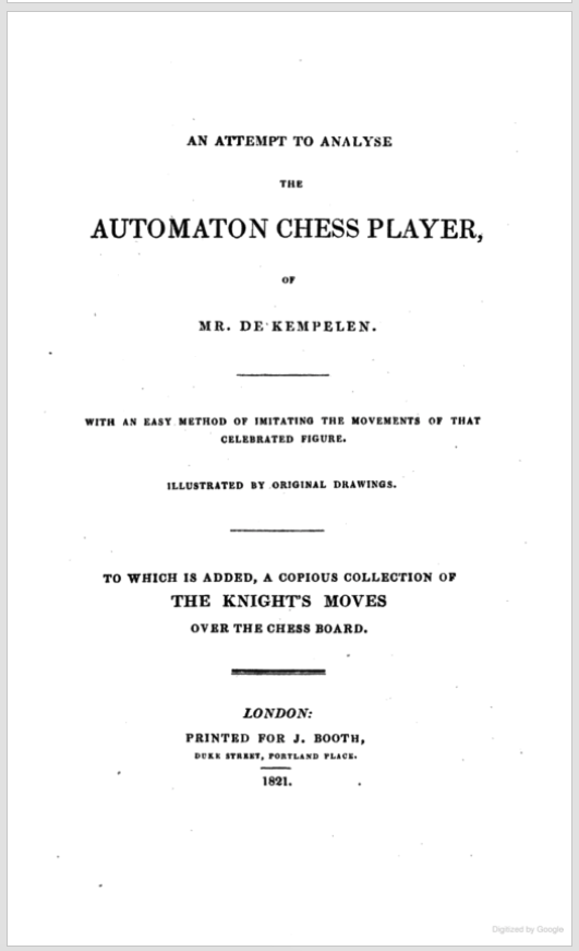Title page of  Robert Willis, An Attempt to Analyse the Automaton Chess Player, of Mr. De Kempelen.