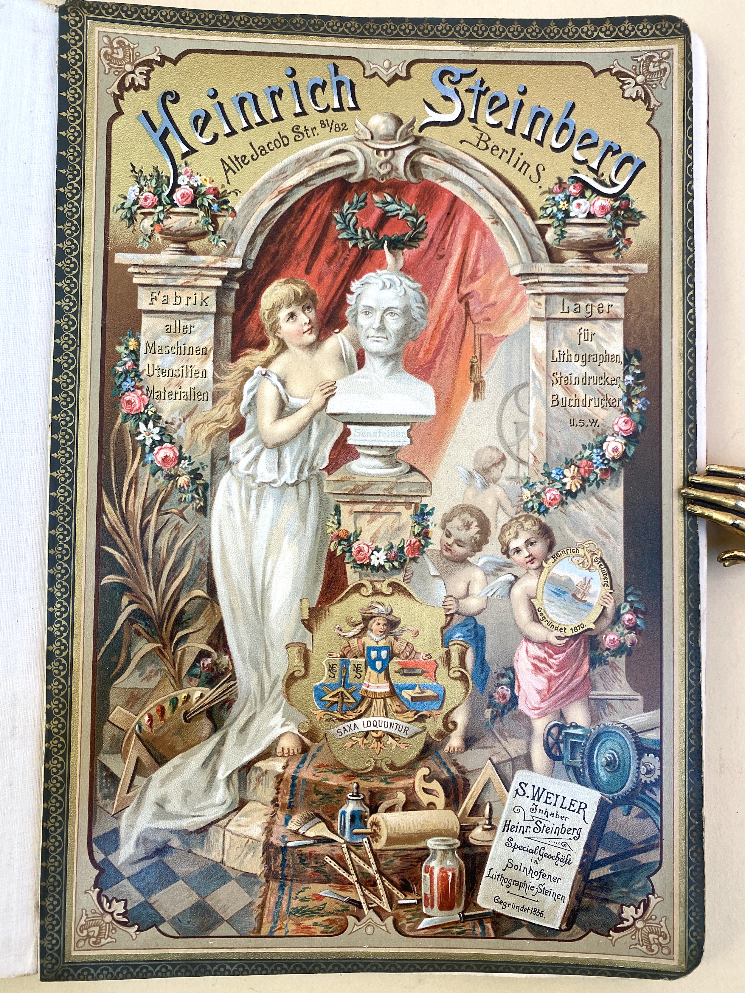 The cover of Heinrich Steinberg's 1891 catalogue was masterpiece of technical chromolithographic technique and elaborate detail, printed in many colors including gold ink.