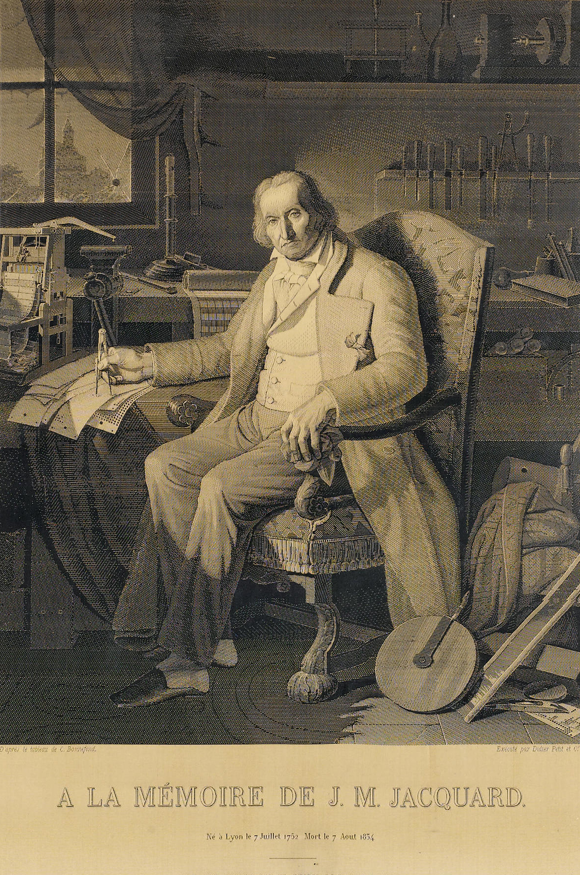 Portrait of Jacquard woven by the Jacquard loom in 1839. This woven silk portrait of the inventor was based on a painting by Claude Bonnefond (1796–1860)  commissioned by the city of Lyon in 1831. The Lyon manufacturer Didier, Petit et Cie ordered the silk version from weaver Michel-Marie Carquillat, a specialist in this kind of work. Producing the image required 24,000 punched cards. Each card had over 1,000 hole positions. "The delicate shading, crafted shadows and fine resolution of the Jacquard portrait challenged existing notions that machines were incapable of subtlety. Gradations of shading were surely a matter of artistic taste rather than the province of machinery, and the portrait blurred the clear lines between industrial production and the arts." 