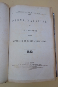 I first learned of the American re-issue of The Penny Magazine from the bound volume shown here (without printed wrappers).