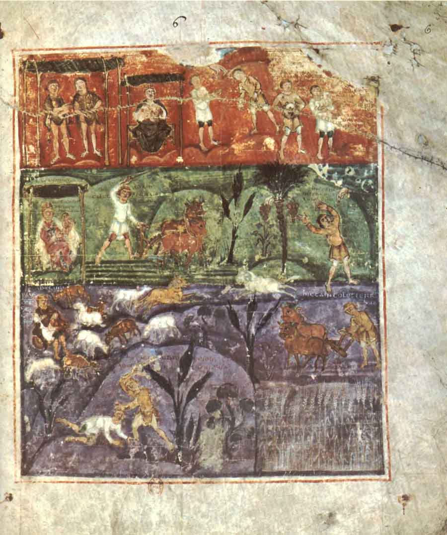 A folio from the Ashburnham Pentateuch depicting Cane and Abel. (View larger)