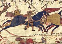 A scene from the Bayeux tapestry, showing Odo, Archbishop of Canterbury, on horseback. (View Larger)