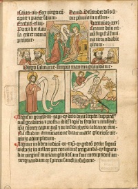 This Biblia Pauperum, or 'pauper's bible,' is the first known work to combine the woodcut images and movable type. (View Larger)