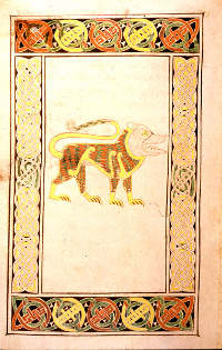 This golden lion, folio 191v of the Book of Durrow, is the symbol of St. John. (View Larer)