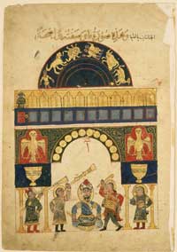 A depiction of the Castle Water Clock from al-Jazari's 'Book of Knowledge of Ingenious Mechanical Devices.' This manuscript is preserved at the Museum of Fine Arts in Boston. (View Larger)