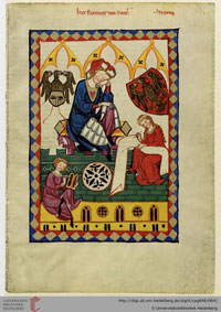 Folio 323r of Codex Manesse: a portrait of Reinmar dictating poetry scribes, one of which bears a wax tablet. (View Larger)