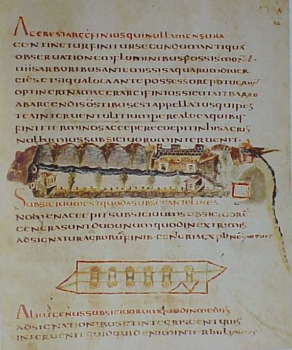 A page from Corpus Agrimensorum Romanorum, depicting a perspective of a house and the boundaries of the property on which it was built. (View Larger)