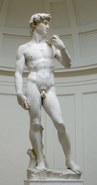 Michelangelo's marble 'David,' symbol of the Florentine Renaissance, depicts the biblical hero holding rock and sling, his right hand intentionally enlarged to show the power of God acting through him. (View Larger)