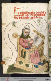 An image of Moses from the Book of Leviticus: folio 141v of a manuscript bible produced in the workshop of the scribe Diebold Lauber. (View Larger)