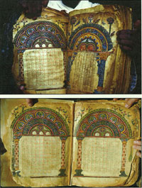 The manuscript before and after restoration and repagination. Image from June 2010 edition of The Arts Newspaper. (View Larger)