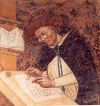 The first depiction of spectacles in art: a portrait of Cardinal Hugo of Provence at his writing desk, painted by Tommaso de Mondena in fresco in the Basilica San Nicolo in Treviso, Italy. (View Larger)