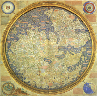 The Fra Mauro map, created by the monk around 1450, is oriented with the South at the top, and depicts Asia, Africa, and Europe. The artistry is exceptionally detailed, and quite acurate for its time. (View Larger)