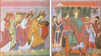 A pair of facing paintings showing the peoples of the world adoring Otto III, from the Goespels of Otto III. (View Larger)