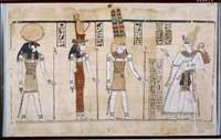 A papyrus of the 'Discourse of the Gods' section of the Great Harris Papyrus, showing Ramesses III before the Triad of Thebes. (View Larger)