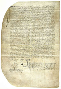 The notarial document, drafted by Ulrich Helmasperger, clerk of the Bishopric of Bamberg, royal notary and certified public recorder at the Court of the Archbishop of Mainz, which provides the only contemporary account of the suit filed by Fust against Gutenberg. (View Larger)
