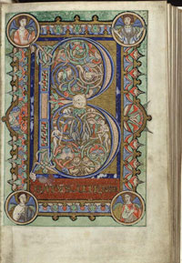 Folio 22r of the Hungarian Psalter, a miniature which incorporates the Beatus Initial. (View Larger)