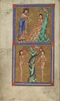Folio 7v of the Hungarian Psalter: a miniature depicting, on top, the creation of Adam, and, on bottom, the temptation of Adam by Eve. (View Larger)