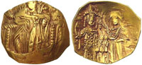 A gold hyperpyron, depicting, on the obverse, a regal Christ, and on the reverse, Emperor John III, crowned by the Virgin Mary. (View Larger)