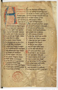 Folio 1r of Fr. 1573 at the Bibliotheque Nationale, the earliest extant copy of 'Le Roman de la Rose.' (View Larger) 
