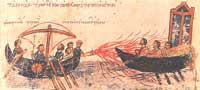An illustration of a naval battle in the Madrid Skylitzes, showing Greek marine flamethrower technology. (View Larger)