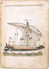 Page 145b of A Mariner's Knowledge, by Michael of Rhodes, depicting a completed galley ship.