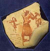 A self-portrait of the scribe Sesh, arms raised in the presentation of a papyrus scroll and possibly a writing palette. Preserved in the Schoyen Collection as MS 1695. (View Larger)