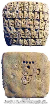 A pictographic list of titles and professions in ancient Sumeria (top), with the scribe's signature on the reverse side (bottom.) (View Larger)