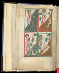 Folio 1v of Omne Bonum upon which is drawn the four scenes of creation: God creating fish; God creating animals; the Creation of Adam; the Creation of Eve. (View Larger)