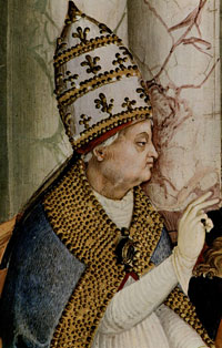 An image of Pope Pius II in blessing, from a biographical fresco in the Cathedral Library of Siena. (View Larger)
