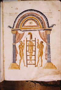 Folio 201r of Florence, Laurentian Pluteus 74.7, depicting an orthopedic procedure involving a ladder and pulley. (View Larger)