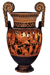 The Pronomos Vase from Naples shows the performers of a Greek satyr play. (View Larger)