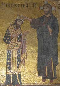 At Martorana in Palermo, Italy, a mural depicting the divine coronation of Roger II. (View Larger)