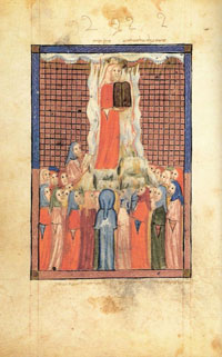 From the Sarajevo Haggadah: Moses upon Sinai, holding the Ten Commandments. (View Larger)