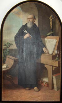 A painting of St. Benedict drafting the Benedictine Rules, by Herman Nieg, c. 1926. The painting resides in the church of Heiligenkreuz Abbey near Baden bei Wien, Lower Austria. (View Larger)