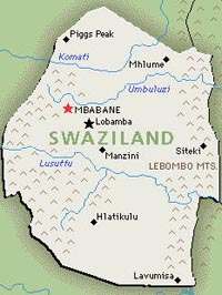 A map of Swaziland, including the Lebombo Mountains to the East.