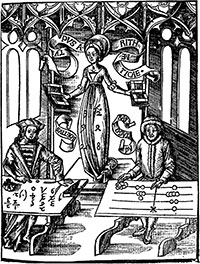 A woodblock from Gregor Reisch's Margarita Philosophoca, 1508, depicting a table abacus. (View Larger)