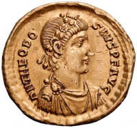 A coin featuring the profile of Emperor Theodosious. (View Larger)