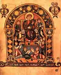 Folio 30v of the Vespasian Psalter, depicting David with musicians. (View Larger)