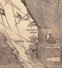 A portion of the last surviving copy of the Waldseemüller map, made by German cartographer Martin Waldseemüller in 1507, was the first published map to include the name 'America.' (View Larger)