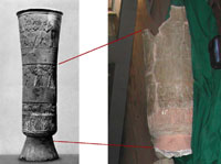 A comparison of the Warka Vase before (left) and after (right) it sustained damage as a result of the invasion of Iraq. (View Larger)