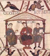 William the Conqueror, seated center, flanked by Odo, Archbishop of Canterbury, left, and Rotbert, right. <p>William of Normandy, less well known as William the Bastard, and better known as <a href=