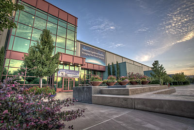 The exterior patio of the National Ignition Facility at the Lawrence Livermore National Laboratory 