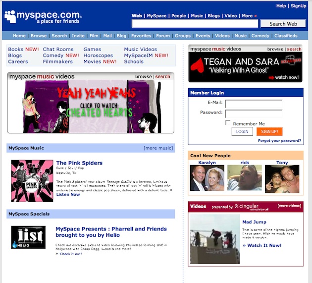 The Myspace login page layout from 2006