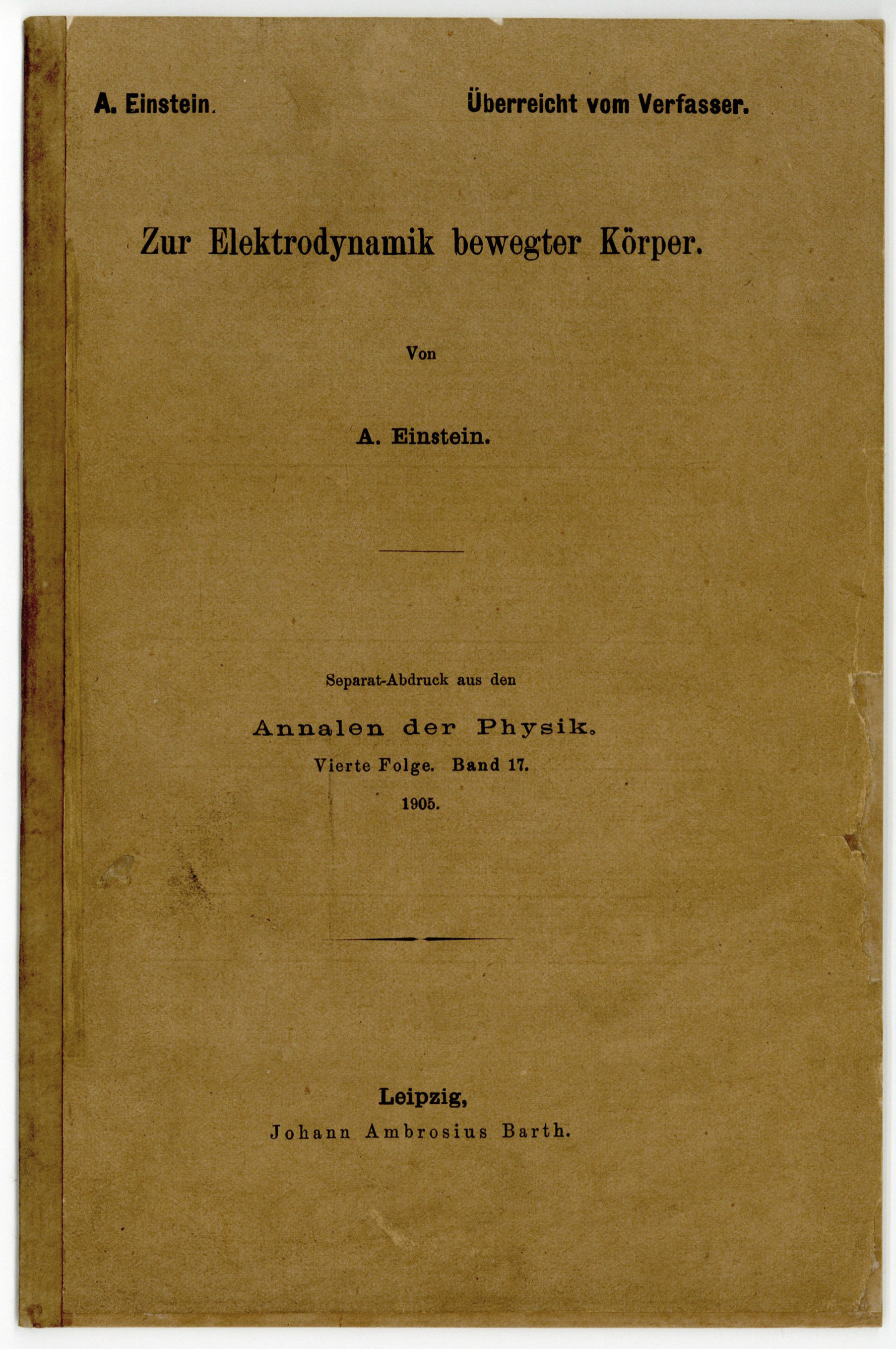 Upper cover of the offprint of Einstein's paper on special relativity.