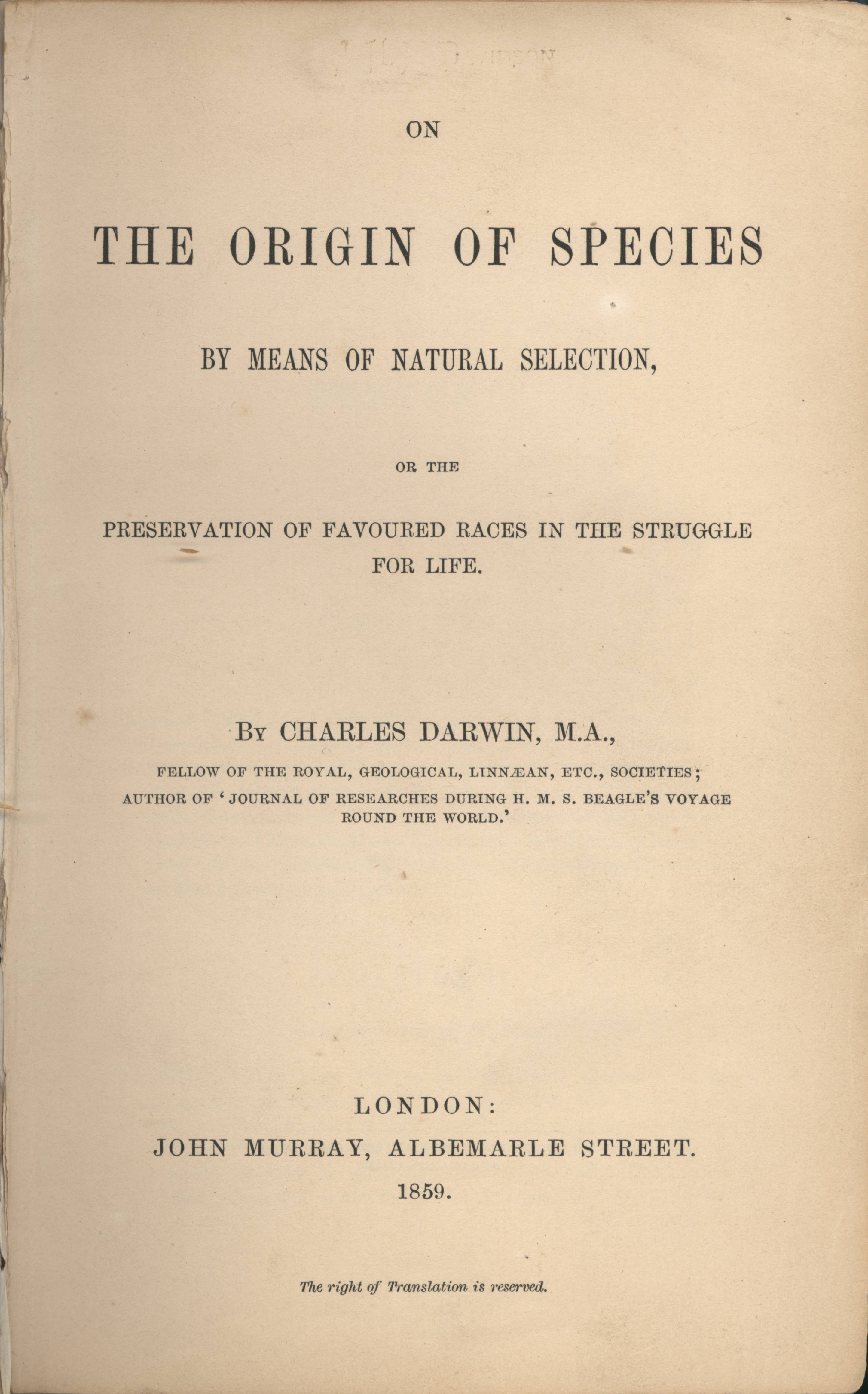 The title page of On the Origin of Species by Charles Darwin