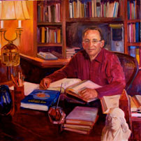 An oil painting by Kathleen Lack of Jeremy Norman, painted in 2008. A copy of From Gutenberg to the Internet: A Sourcebook on the History of Information Technology is on my desk.