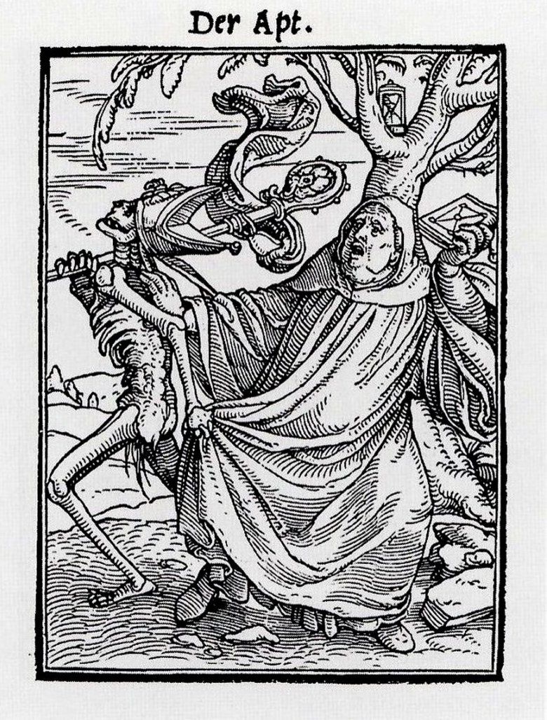 The Abbot, a woodcut from the Dance of Death series by Hans Holbein the Younger.